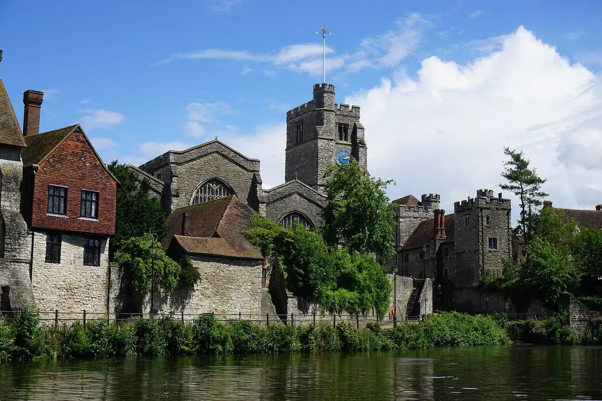 All Saints Church and the Archbishop's Palace seen from the River Medway in Maidstone.