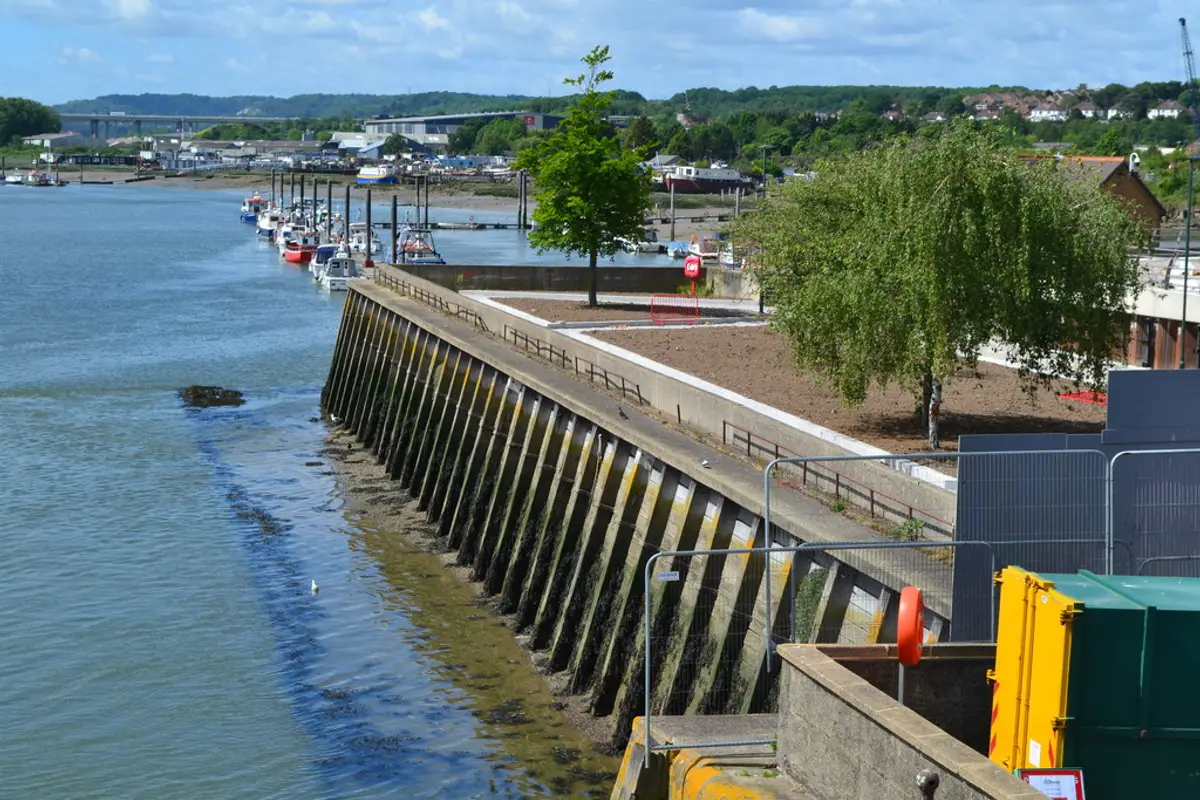 The riverside walkway and moorings at Strood, looking along the Medway.
