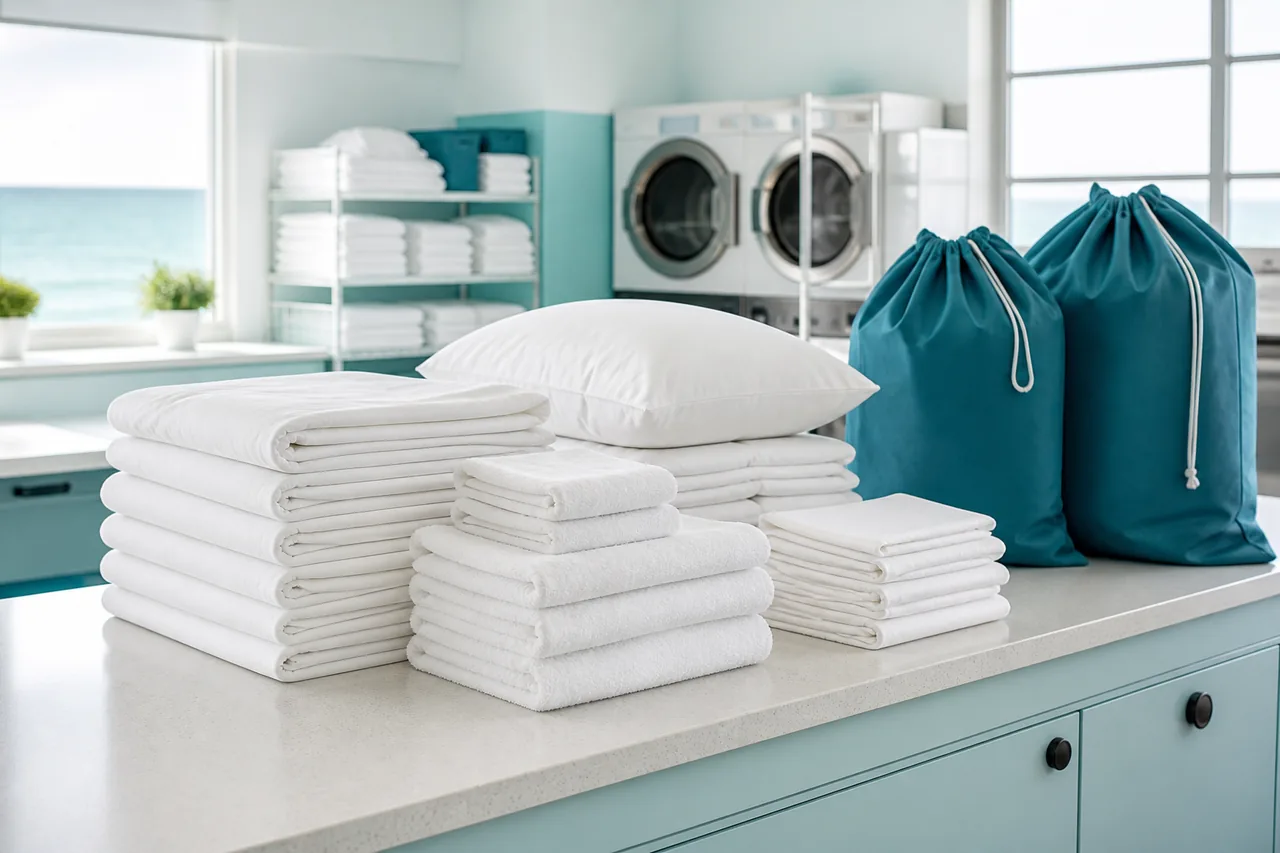 Folded guest bedsheets and towels stacked ready for a short-let changeover