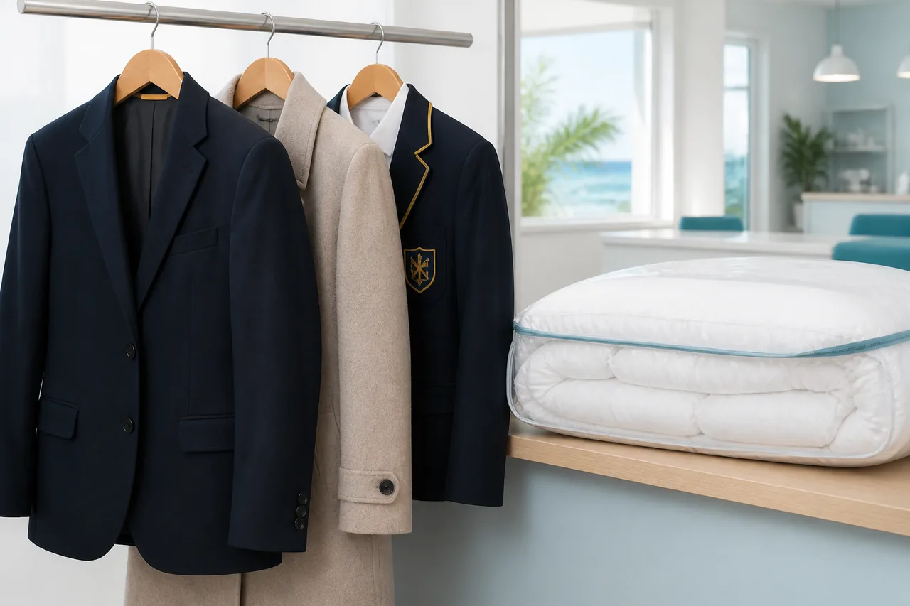Pressed suits, coats and household garments on hangers at the dry cleaner