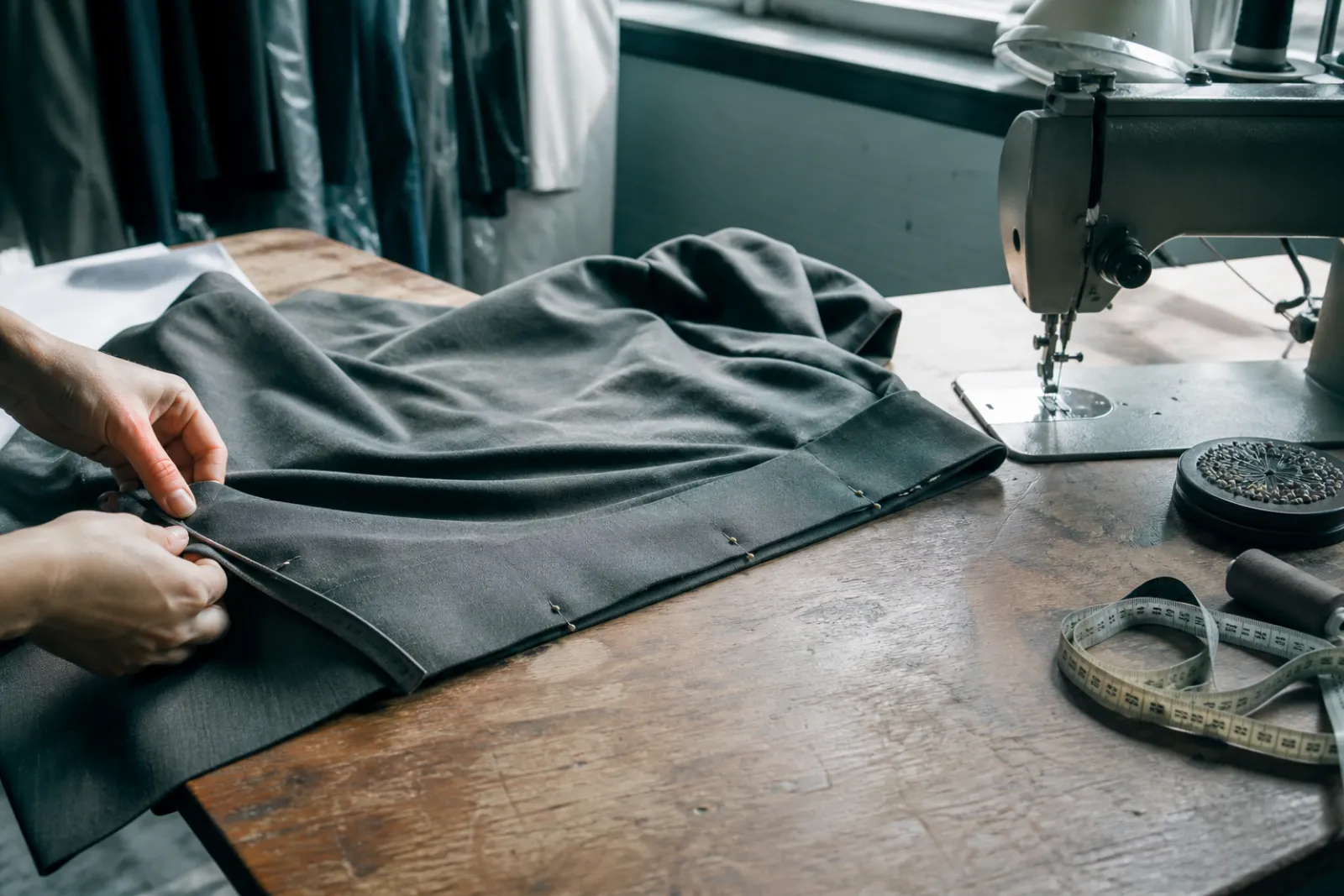 Alterations table with zip and hem work in progress