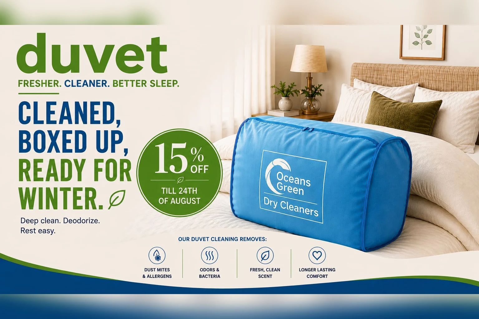 15% off duvet cleaning, cleaned, boxed up and ready for winter