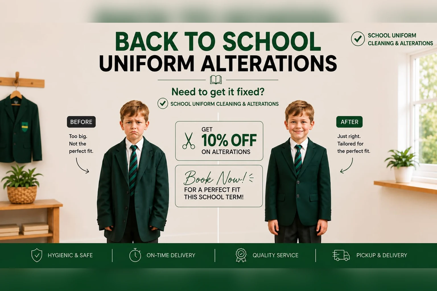 Back to school uniform alterations with 10% off this school term