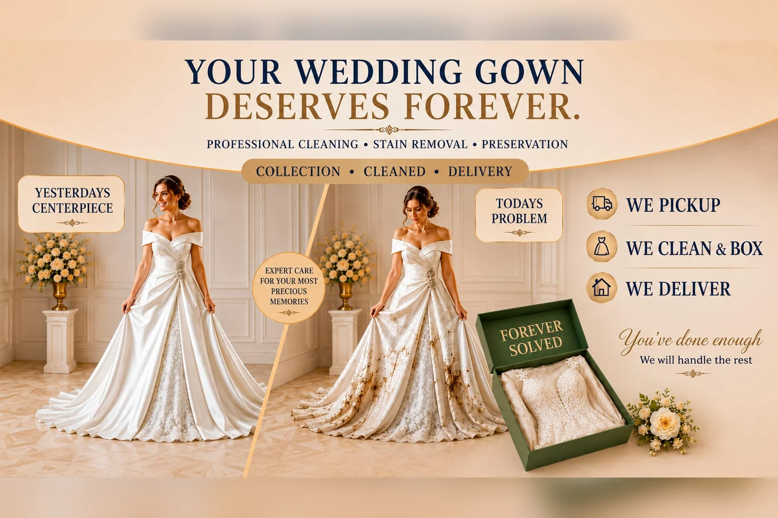 Wedding gown cleaning and preservation: we collect, clean and box the dress