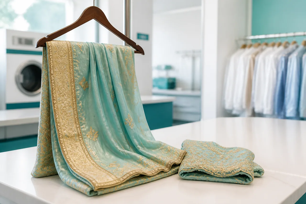 Embroidered silk saree and blouse on a hanger after specialist dry cleaning