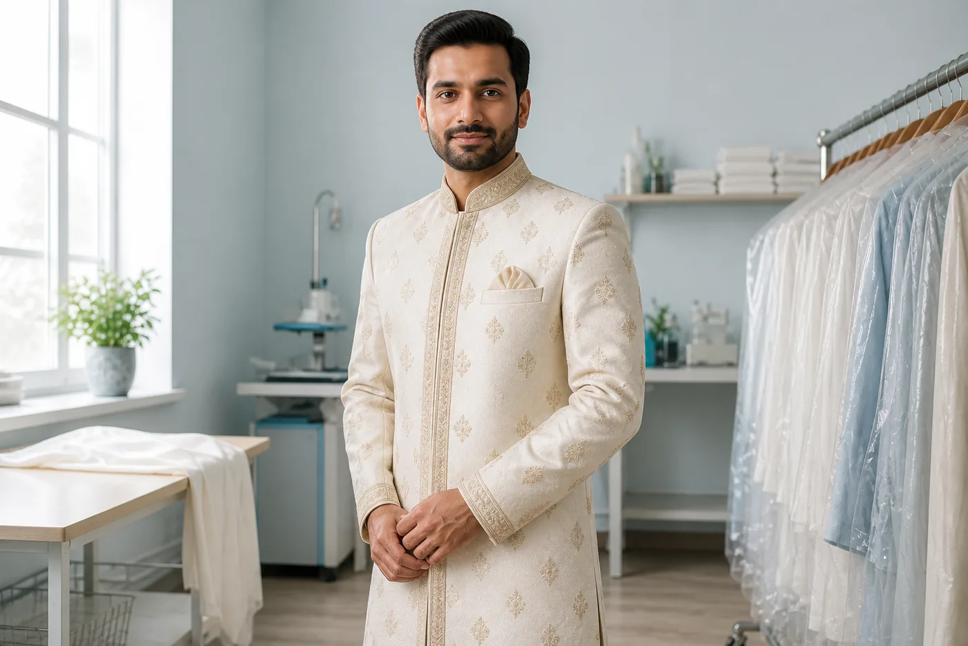 Man in a cream embroidered sherwani after specialist dry cleaning