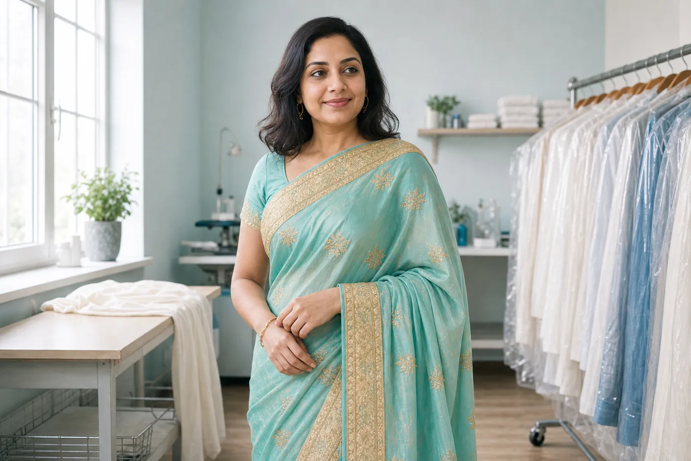 Woman in a turquoise silk saree with gold embroidery after specialist dry cleaning