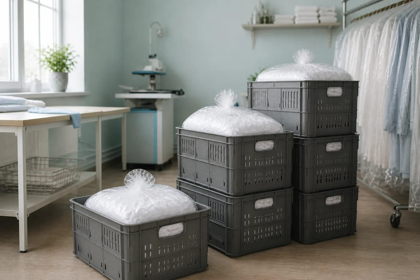 Commercial linen collection crates ready for the van