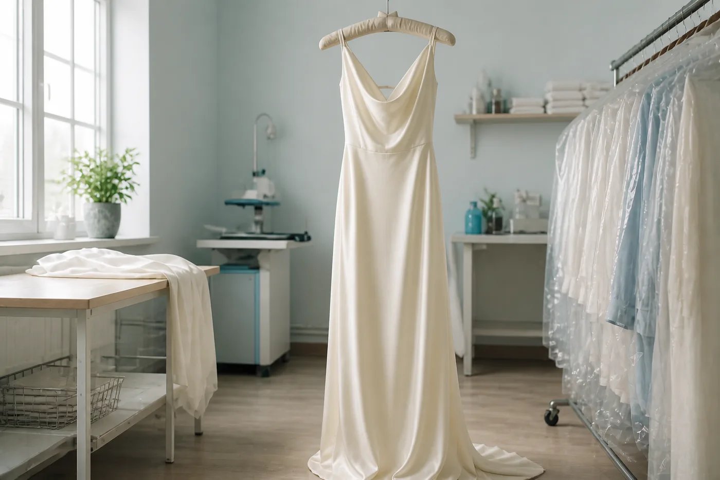 Occasion dress on a hanger after careful cleaning