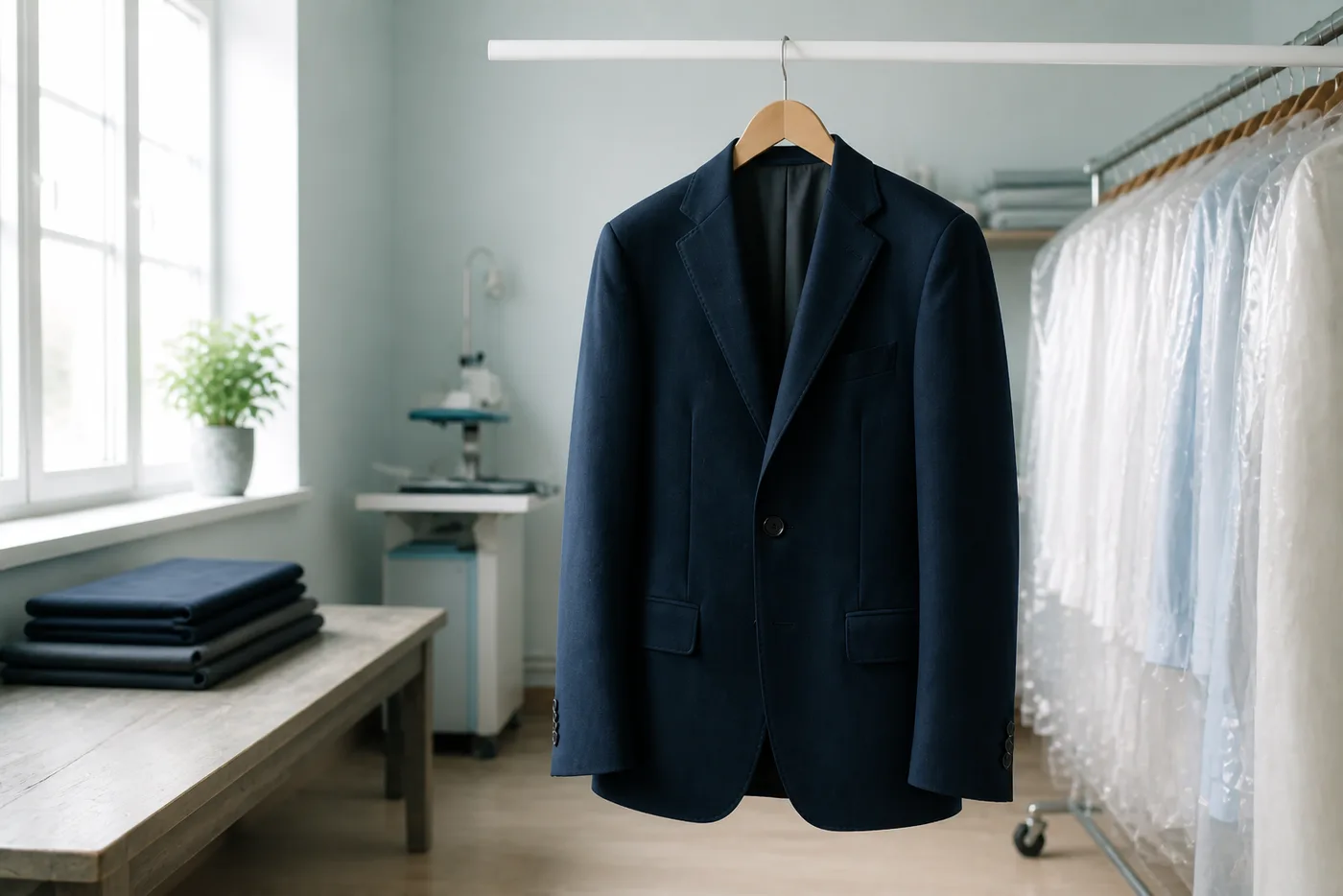 Suit jacket on a hanger after eco dry cleaning