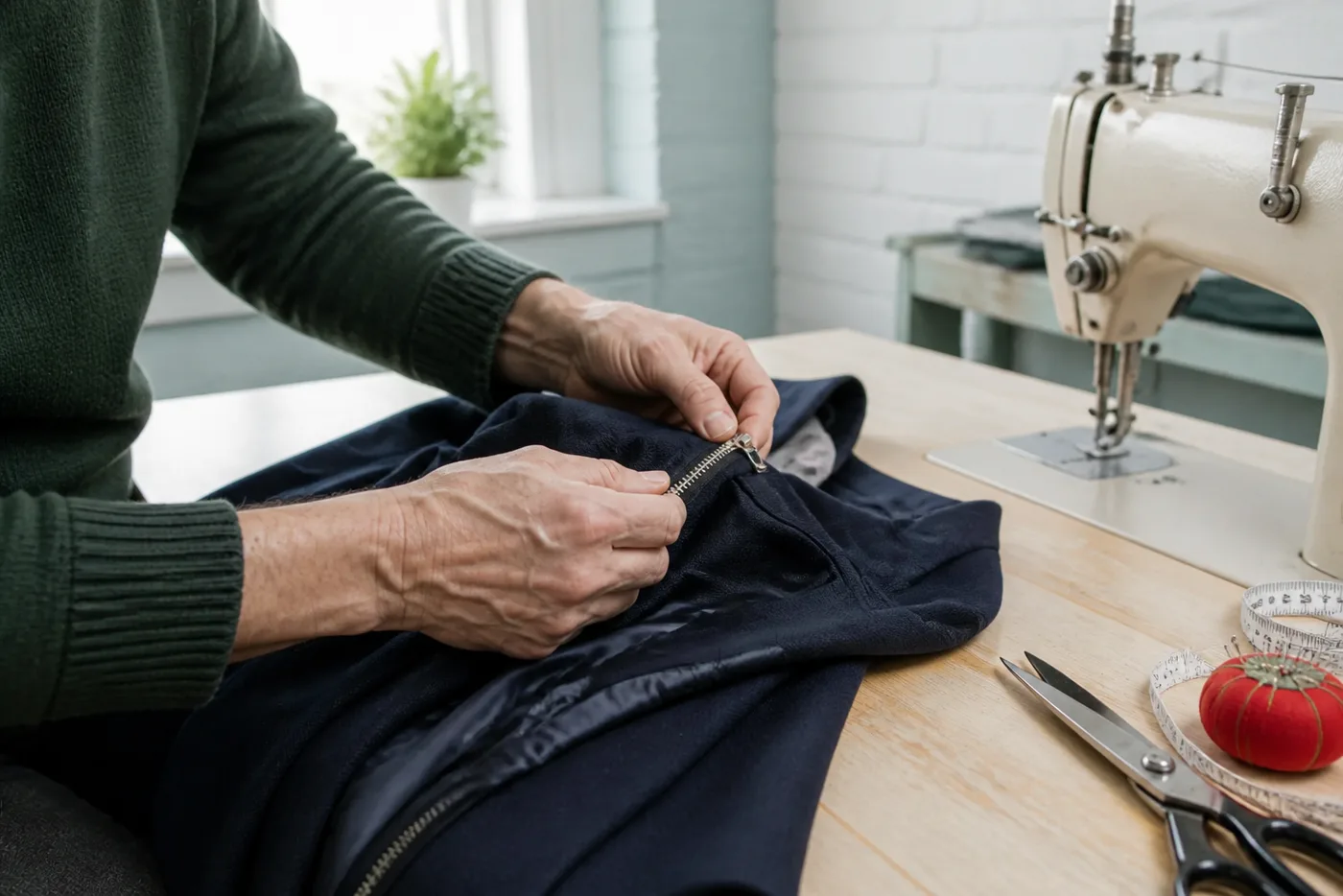 Sewing a zip replacement on a garment