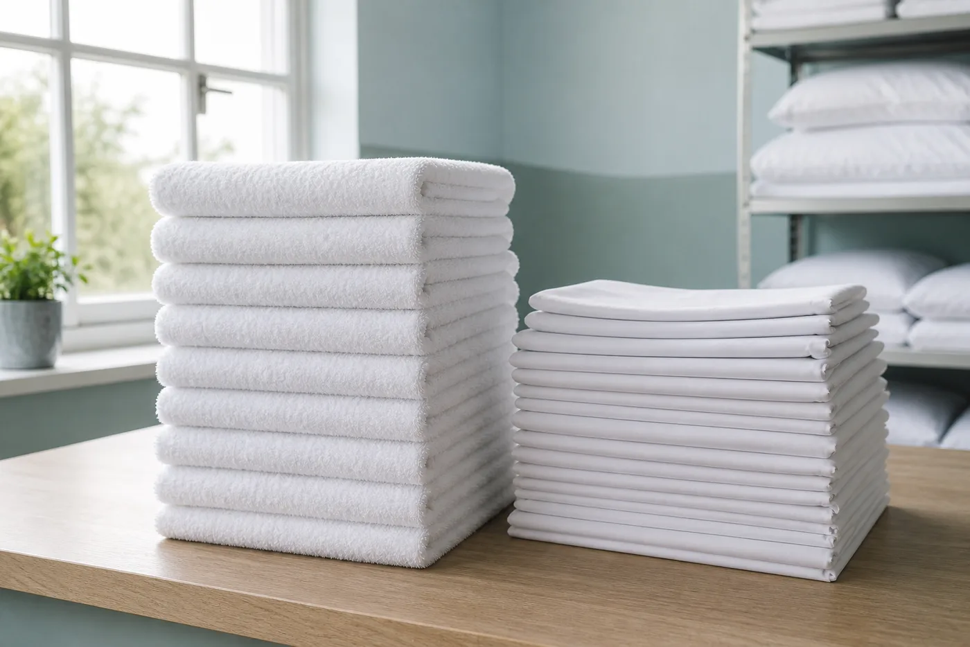 Hotel towels and bedsheets in a counted laundry bundle