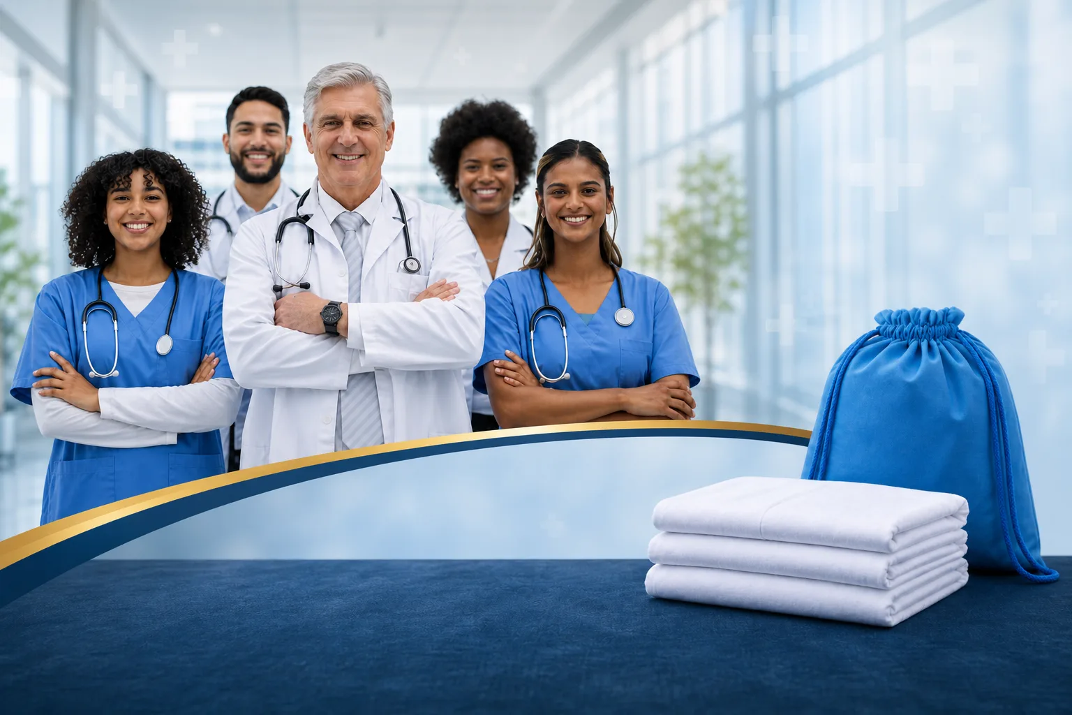 NHS staff in scrubs and lab coats beside a laundry bag and folded towels