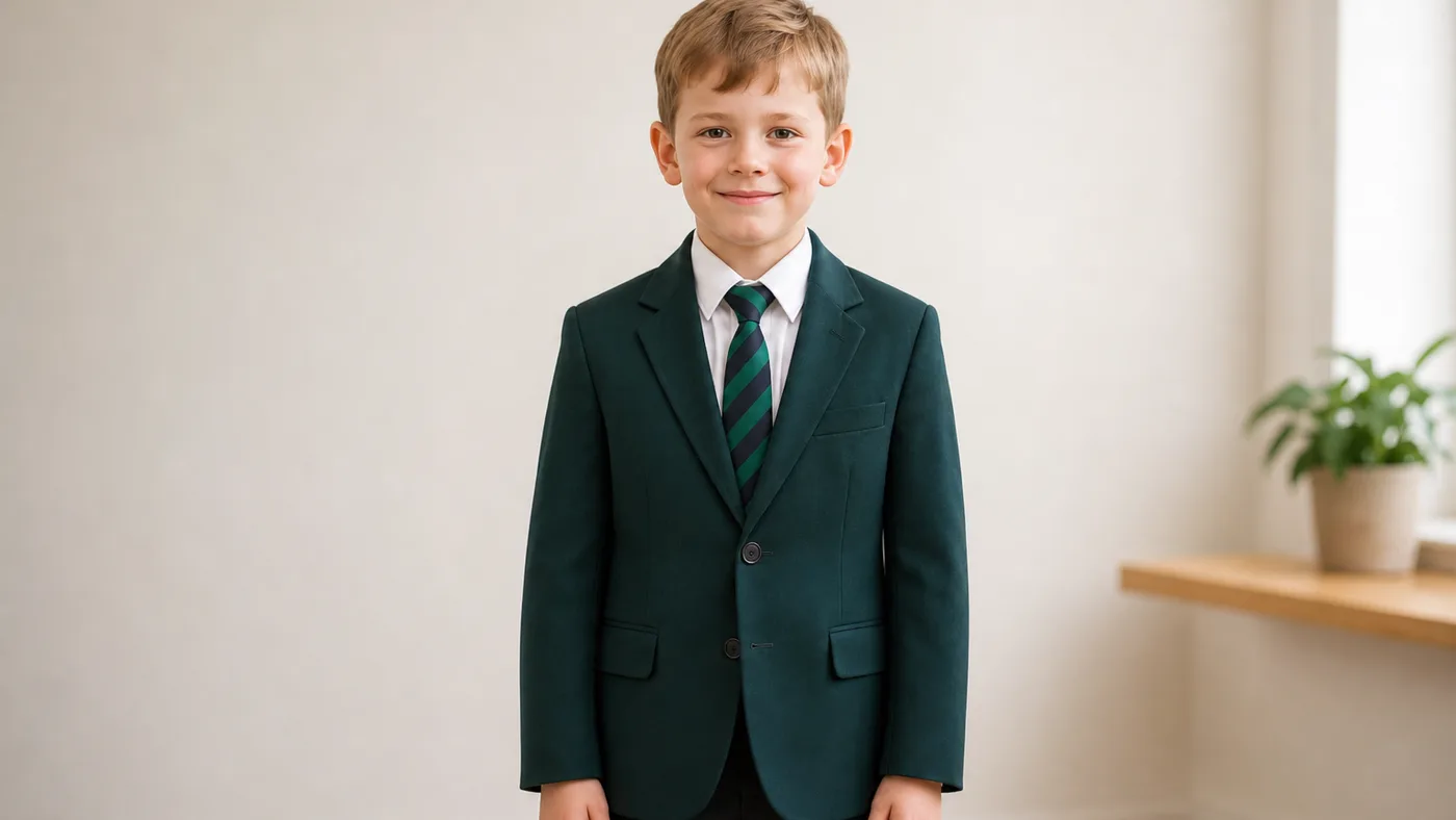 Schoolboy in a pressed green blazer and striped tie