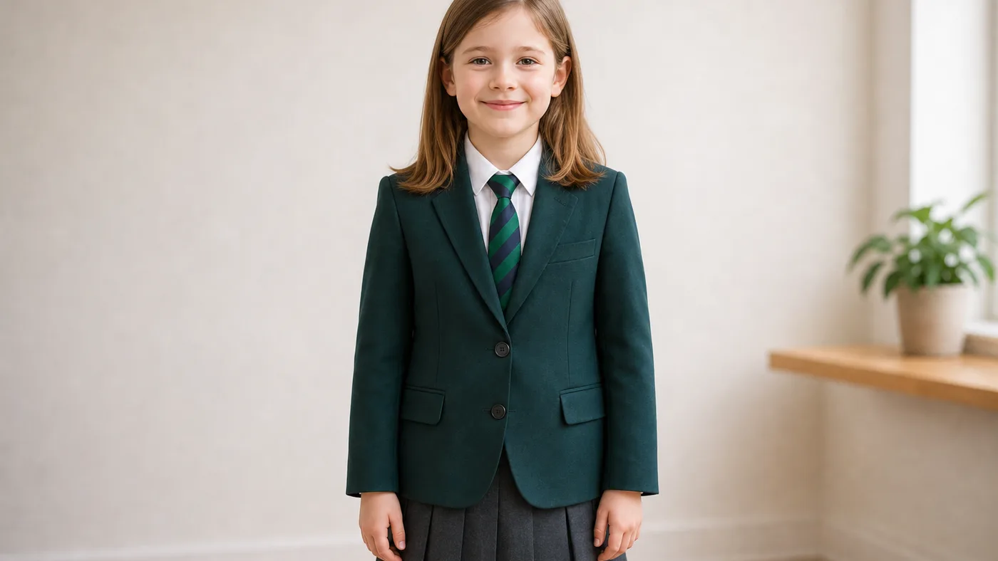 Schoolgirl in a matching pressed green blazer, striped tie and grey skirt