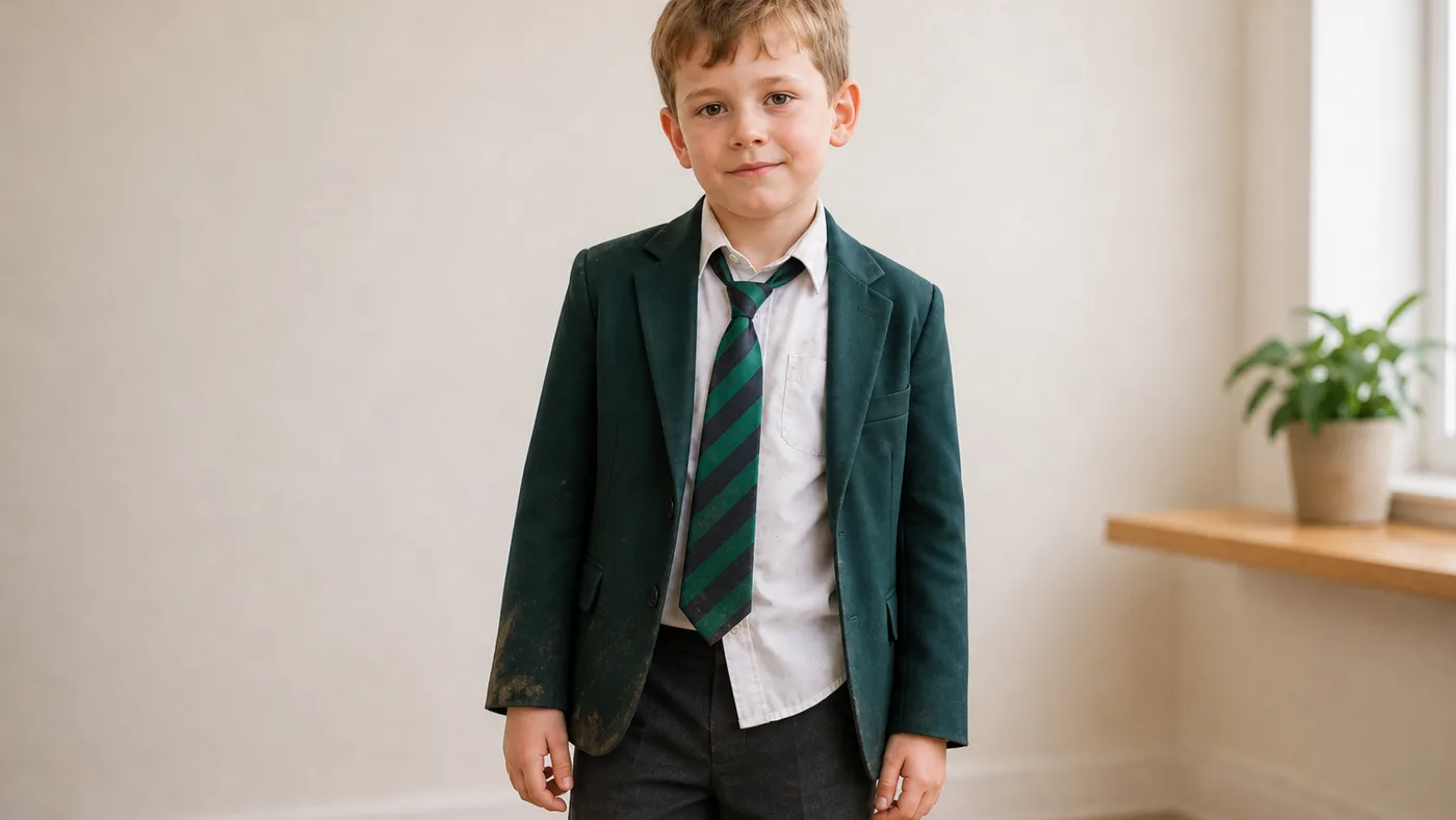 Schoolboy after a day of play, grass stains and mud on the blazer and trousers