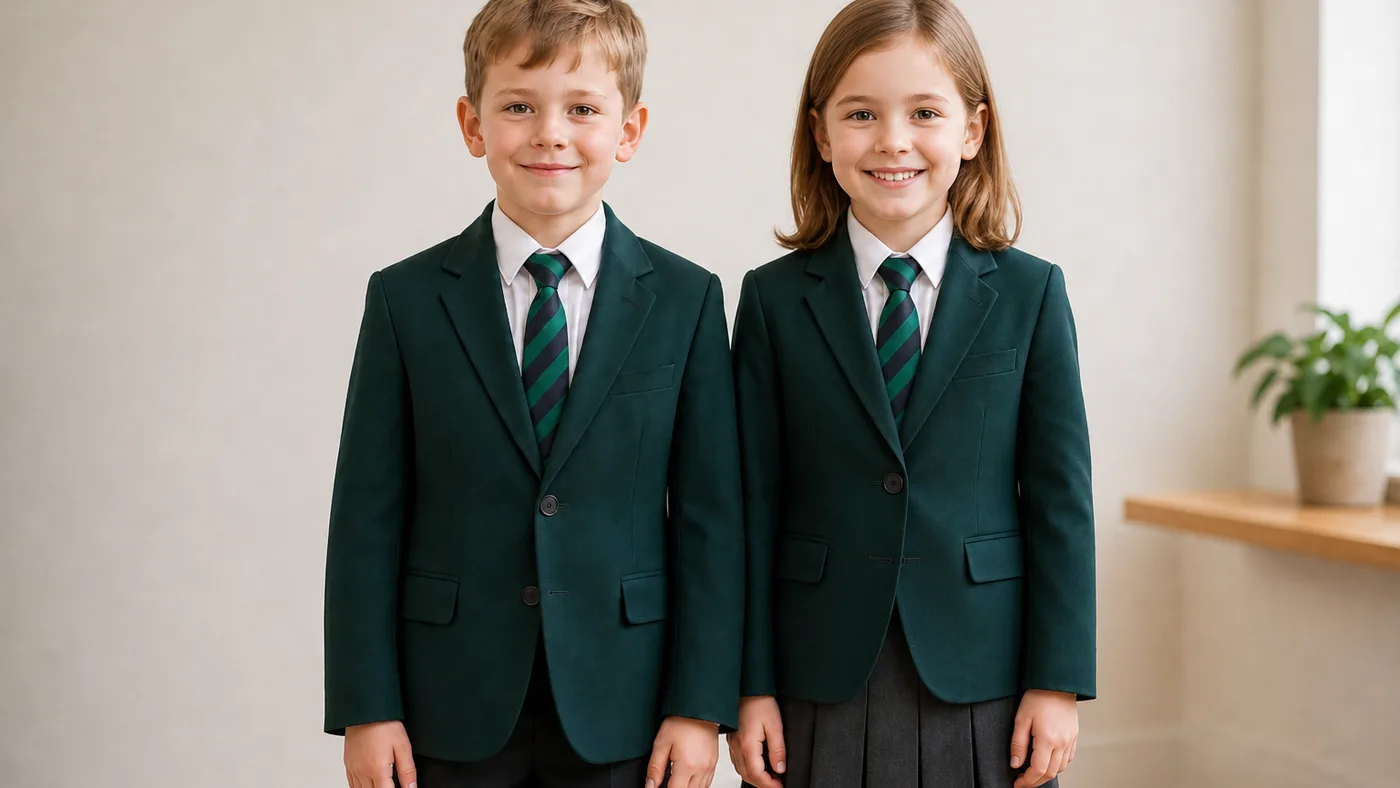 Schoolboy and schoolgirl standing together in matching green blazers