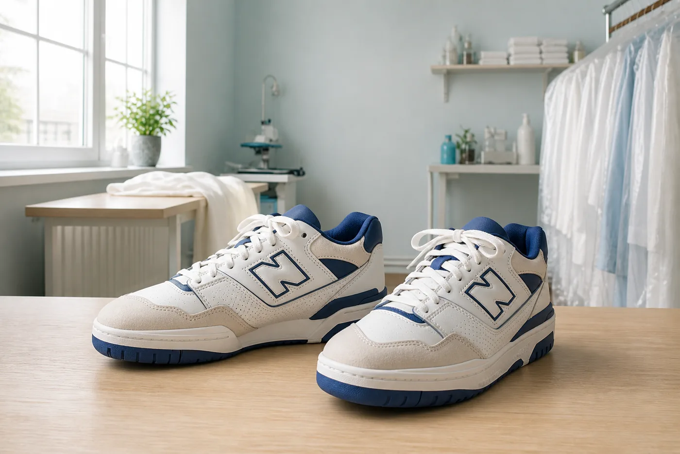 White and navy trainers cleaned and restored, set out on the worktop