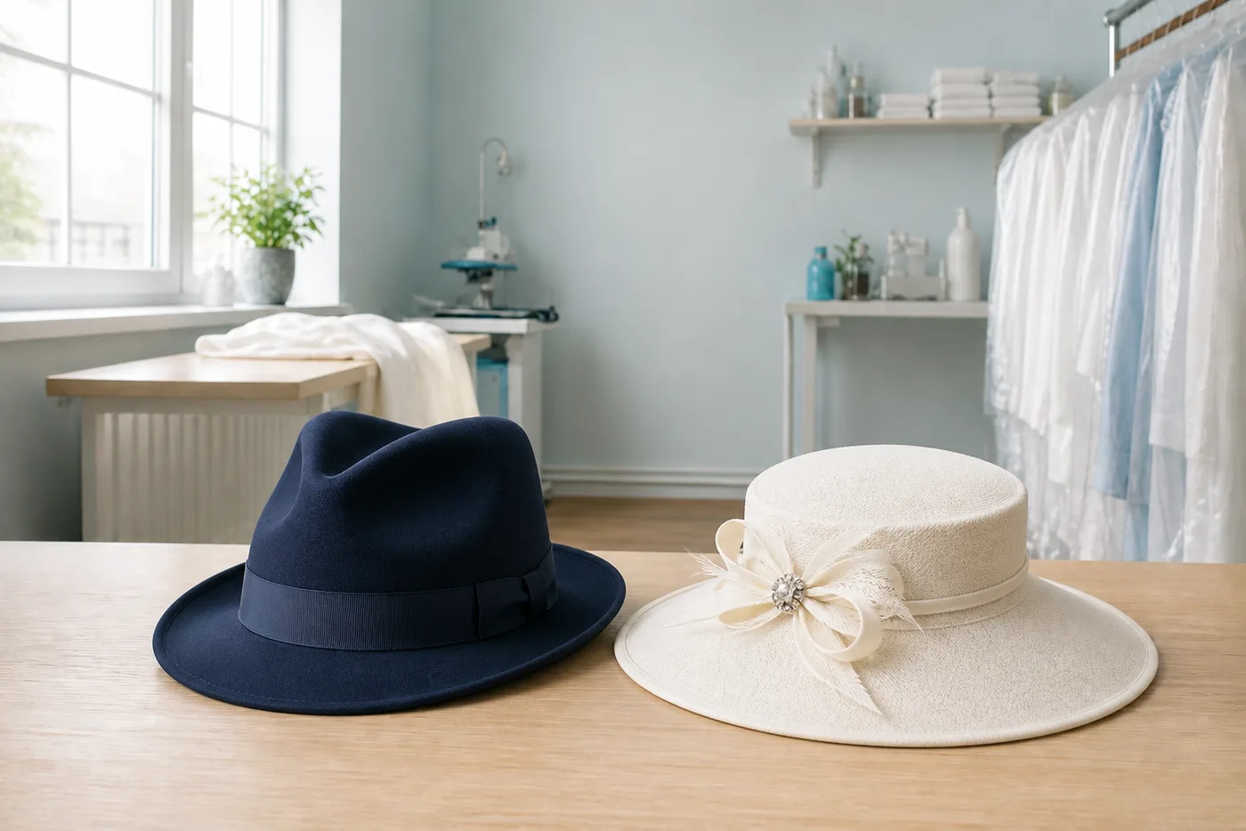 Navy felt fedora and cream occasion hat cleaned and reshaped