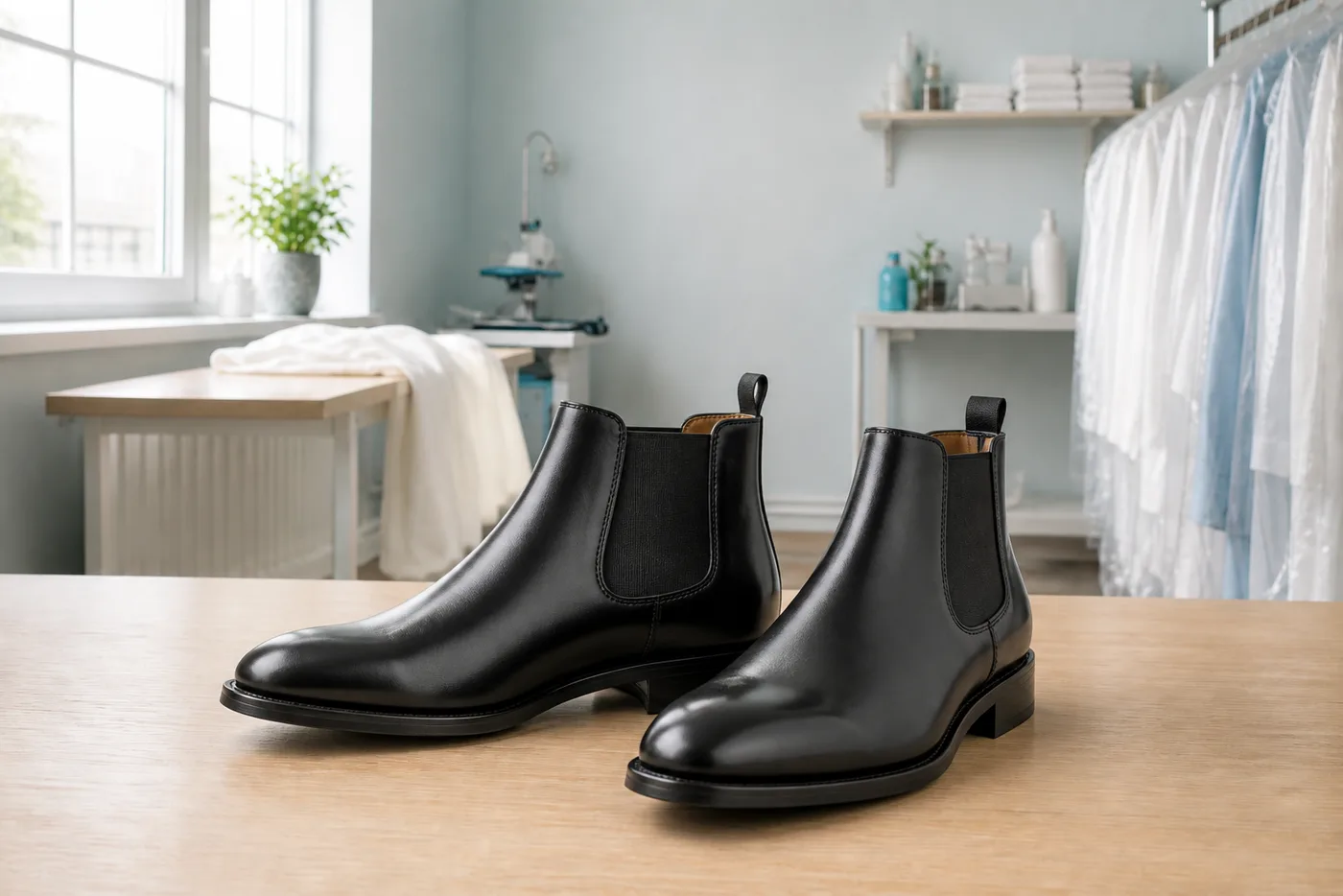Black leather Chelsea boots cleaned and conditioned