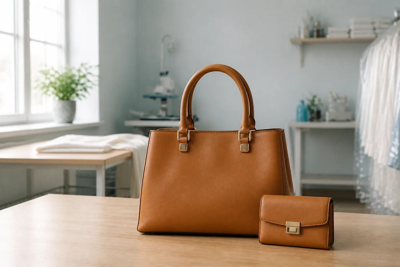 Tan leather handbag and purse cleaned and conditioned