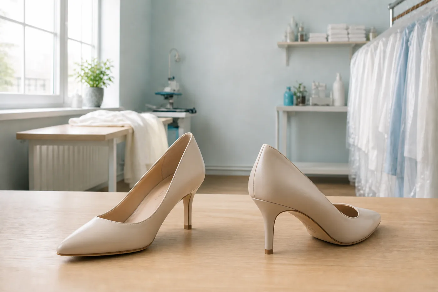 Nude leather court heels cleaned and restored