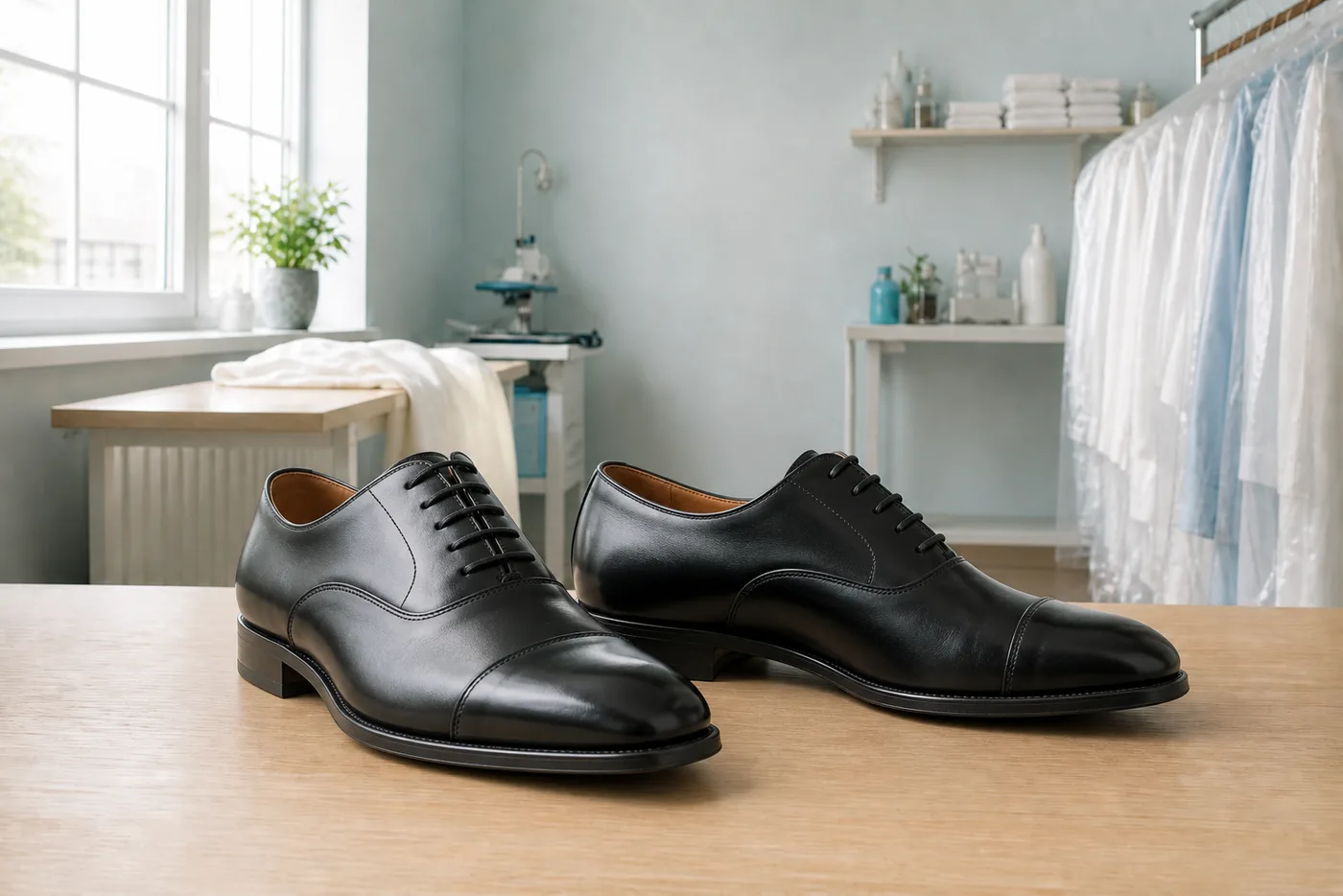 Black leather Oxford dress shoes cleaned and polished