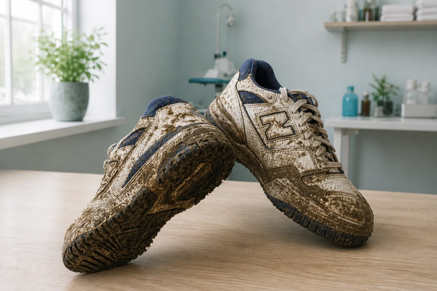 Mud-caked trainers before cleaning