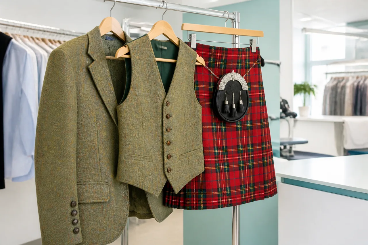 Tartan kilt and Highland jacket on hangers after dry cleaning and pressing