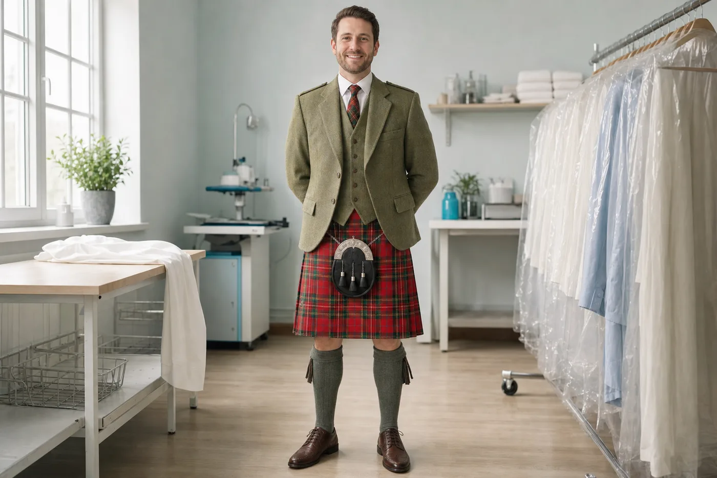 Man in Highland dress: olive tweed jacket, tartan kilt and sporran