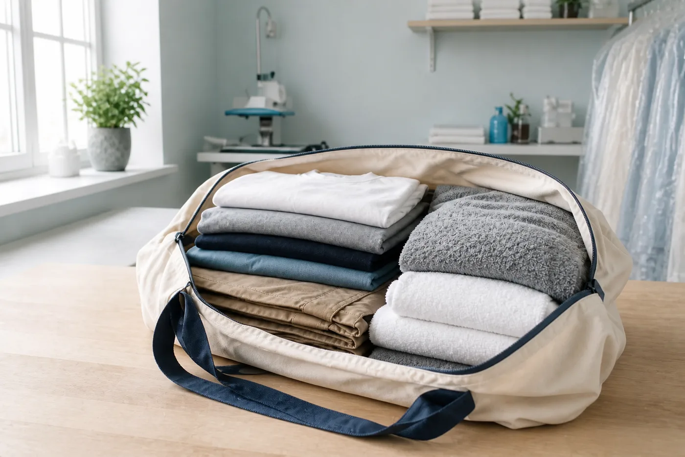 Cream laundry bag of folded clothes and towels after wash dry and fold