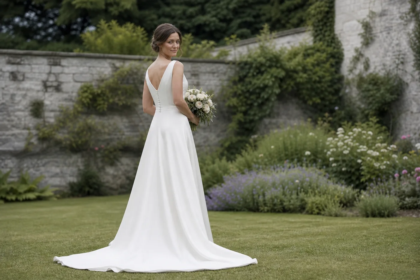 Back of an ivory wedding dress, showing the lace buttons and train