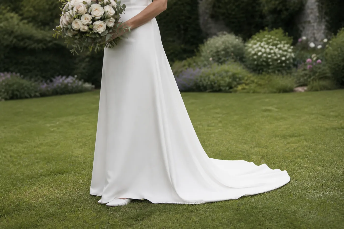 Hem and train of an ivory wedding dress on the grass